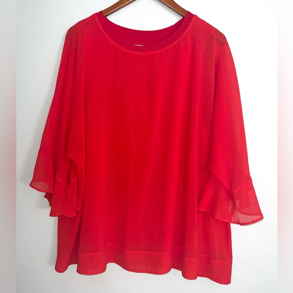 Calvin Klein Red Flowy Flutter Sleeves Built In Cami Blouse Top Sz 1X